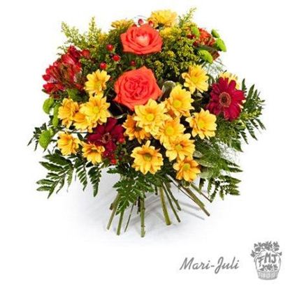 Ref.FMJ0005.Ramo de Flores formal redondo realizado con flores amarillas y naranjas.