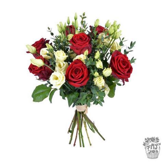 Imagen de  Ref.FMJ0128.Ramo de rosas rojas y lysianthus blanco.