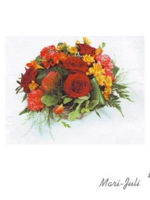 Ref.ES2EMO.Centro mediano redondo flores variadas tonos rojos naranjas.