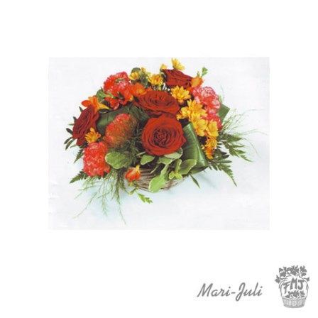 Ref.ES2EMO.Centro mediano redondo flores variadas tonos rojos naranjas.