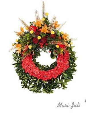 Ref.FMJ0001.Corona Convencional de un Cabecero en tonos rojos y amarillos.