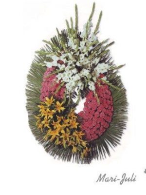 Ref.FMJ0095.Corona Funeraria con colores rojos y blancos y amarillos.