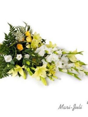 Ref.FMJ0023.Ramo Funerario de Gladiolos en tonalidades verdes y blancos.