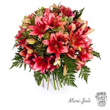 Ref.FMJ0004.Ramo de Flores Primaverales formal redondo con tonos dominantes naranjas en distintas tonalidades.