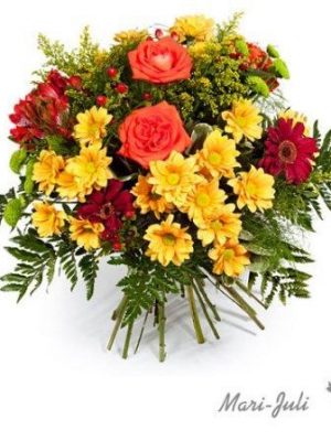 Ref.FMJ0005.Ramo de Flores formal redondo realizado con flores amarillas y naranjas.