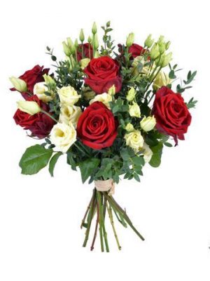 Ref.FMJ0128.Ramo de rosas rojas y lysianthus blanco.